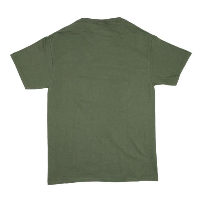 A plain olive green short-sleeve t-shirt from the L2 Brands Brewings and Eats Hat and Tee Pair collection, shown from the back on a white background.