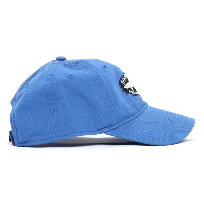 A blue L2 Brands baseball cap from the Brewings and Eats Hat and Tee Pair, shown from the side with a Dogfish Head Brewing patch on the front panel and detailed stitching—ideal for Brewing and Eats fans.