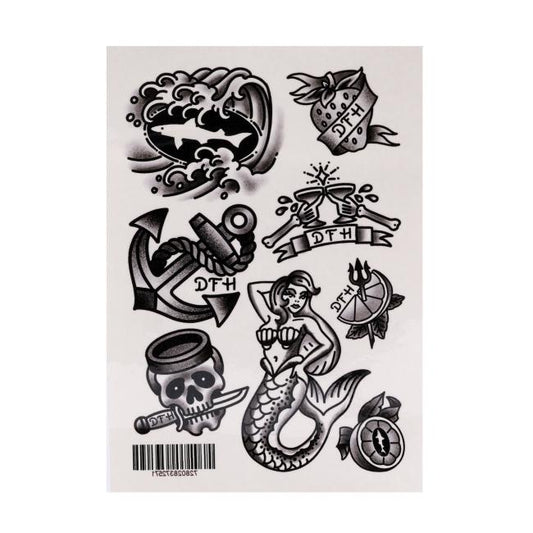 The STICKERYOU Canned Cocktail Tattoo Sheet features classic black and white temporary tattoos: a shark wave, DTH heart, clinking glasses, anchor, skull, mermaid, trident heart, and nautical wheel—perfect for stylish body art.