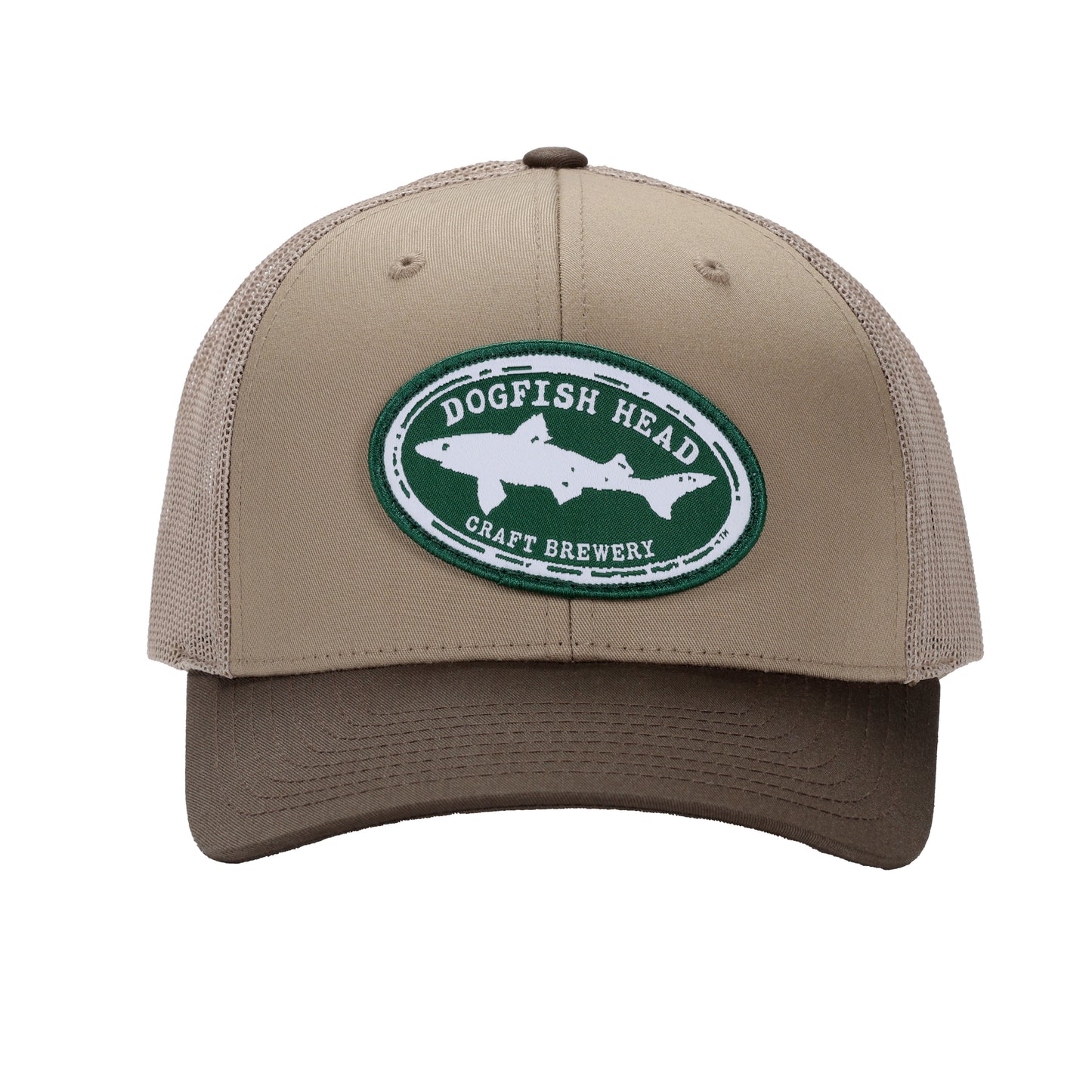 Front, side, and back views of a brown and khaki Dogfish Head Richardson trucker hat featuring a green oval Dogfish Head Craft Brewery patch on the front and a mesh back with adjustable snapback closure.