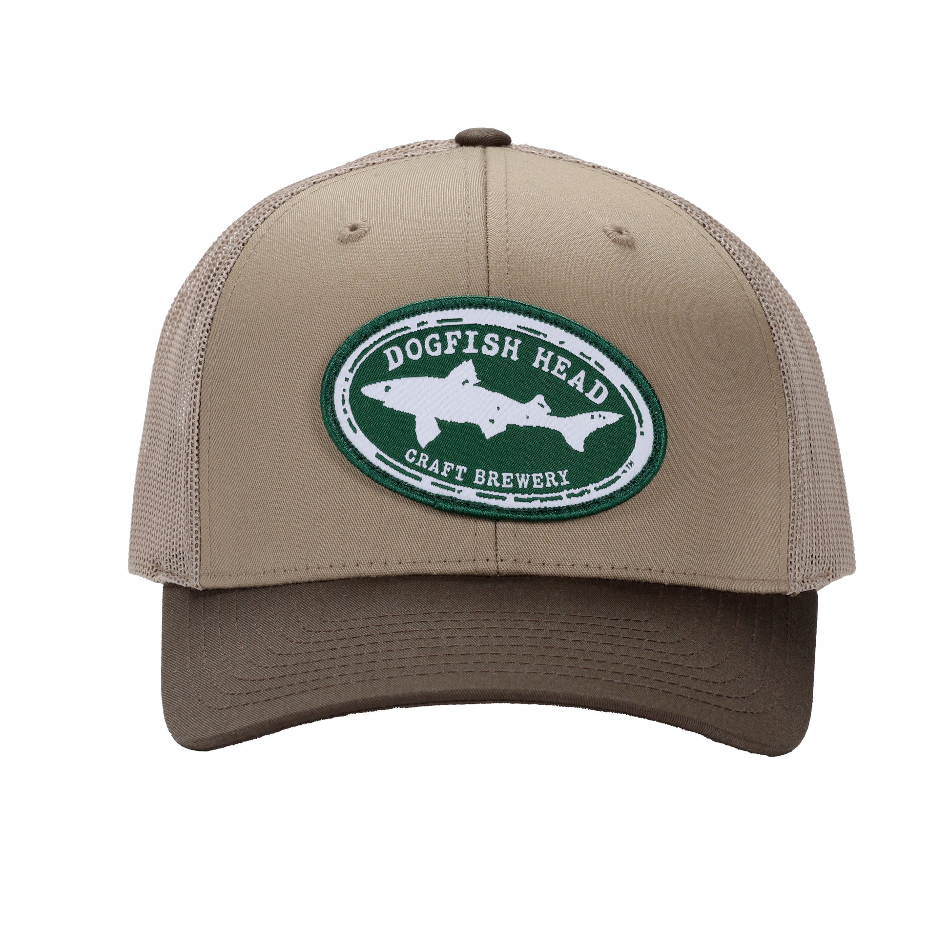 Front, side, and back views of a brown and khaki Dogfish Head Richardson trucker hat featuring a green oval Dogfish Head Craft Brewery patch on the front and a mesh back with adjustable snapback closure.