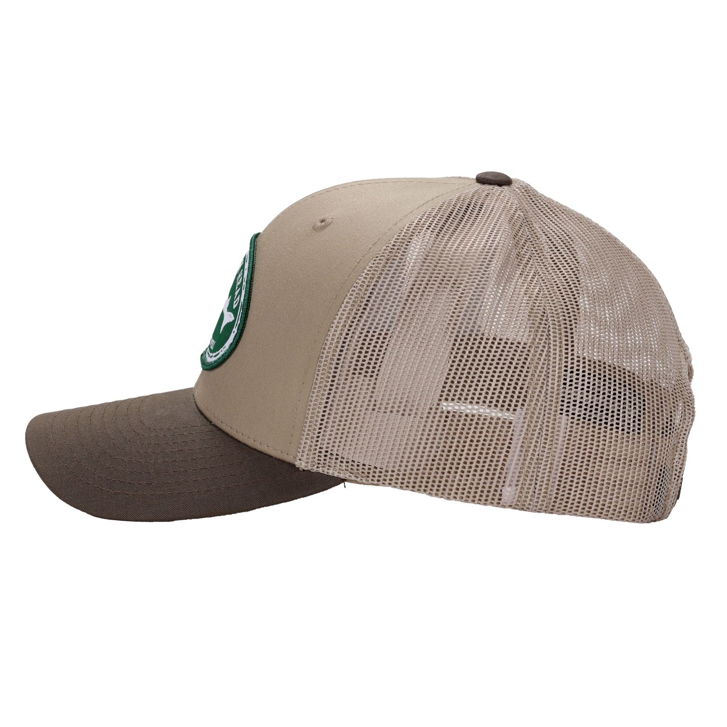Front, side, and back views of a brown and khaki Dogfish Head Richardson trucker hat featuring a green oval Dogfish Head Craft Brewery patch on the front and a mesh back with adjustable snapback closure.