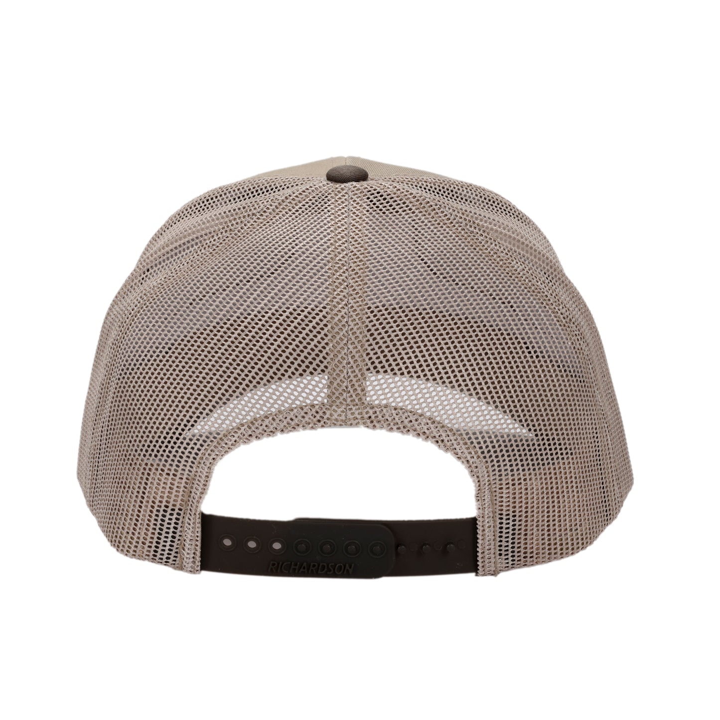 Front, side, and back views of a brown and khaki Dogfish Head Richardson trucker hat featuring a green oval Dogfish Head Craft Brewery patch on the front and a mesh back with adjustable snapback closure.