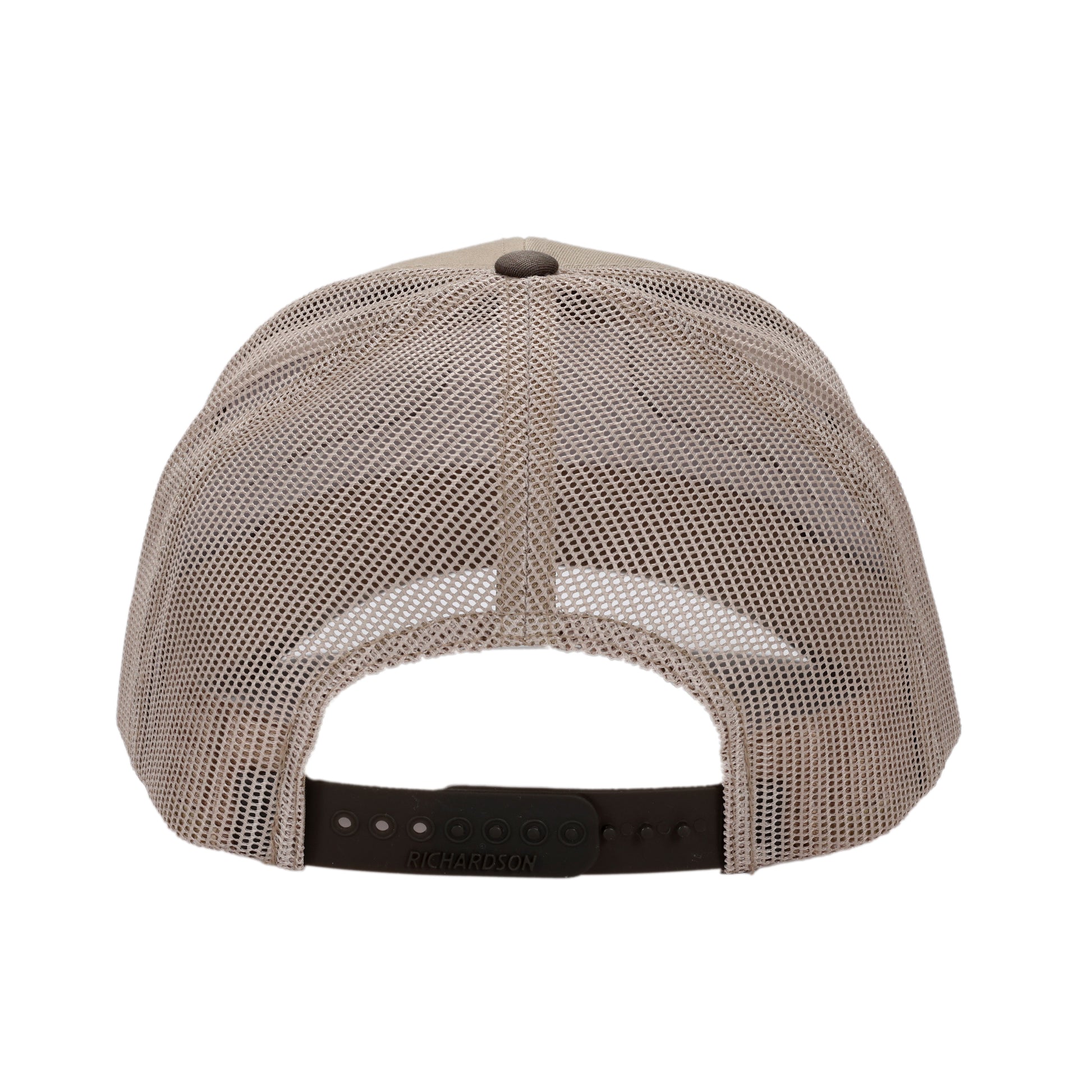 Front, side, and back views of a brown and khaki Dogfish Head Richardson trucker hat featuring a green oval Dogfish Head Craft Brewery patch on the front and a mesh back with adjustable snapback closure.