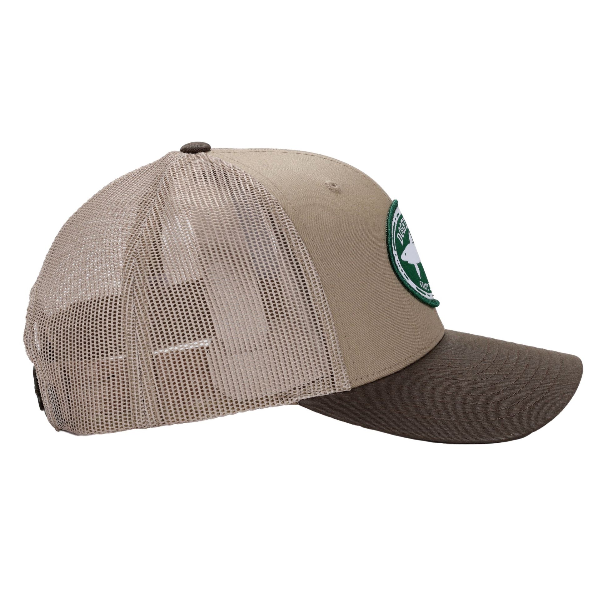 Front, side, and back views of a brown and khaki Dogfish Head Richardson trucker hat featuring a green oval Dogfish Head Craft Brewery patch on the front and a mesh back with adjustable snapback closure.