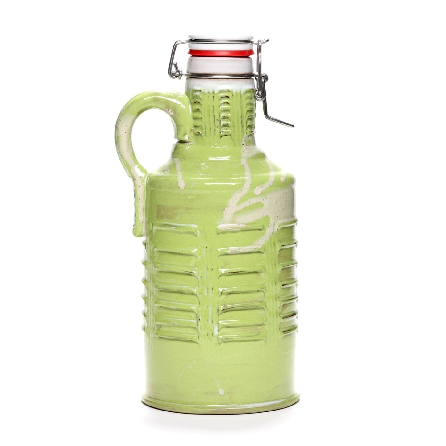 The Citrus Green Ceramic Growler by Romanick Pottery features a handle, textured vertical ridges, and a metal swing-top lid with a red rubber seal, shown against a white background.