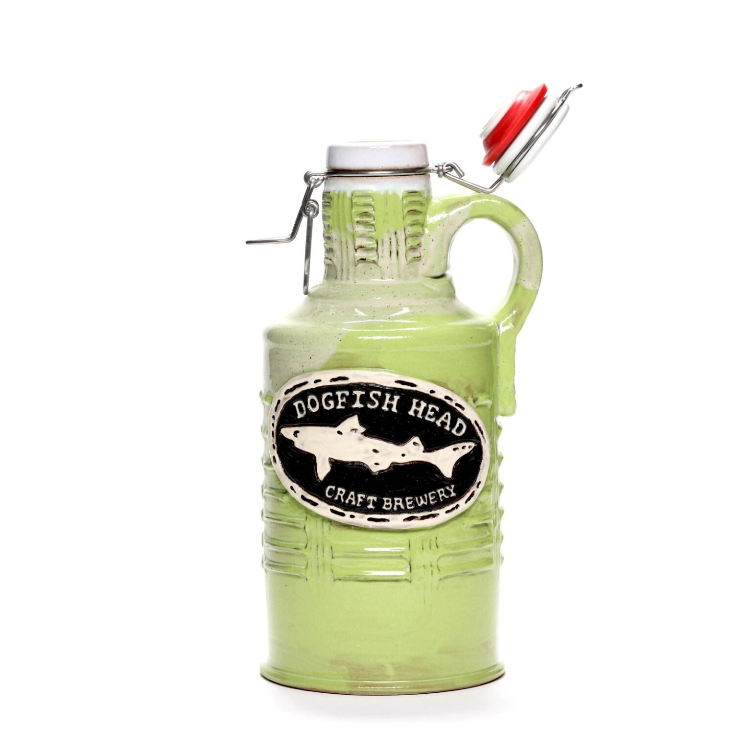 A Citrus Green Ceramic Growler by Romanick Pottery features a handle, flip-top lid, and a black-and-white oval label with a fish silhouette. This handcrafted jug is shown against a white background.
