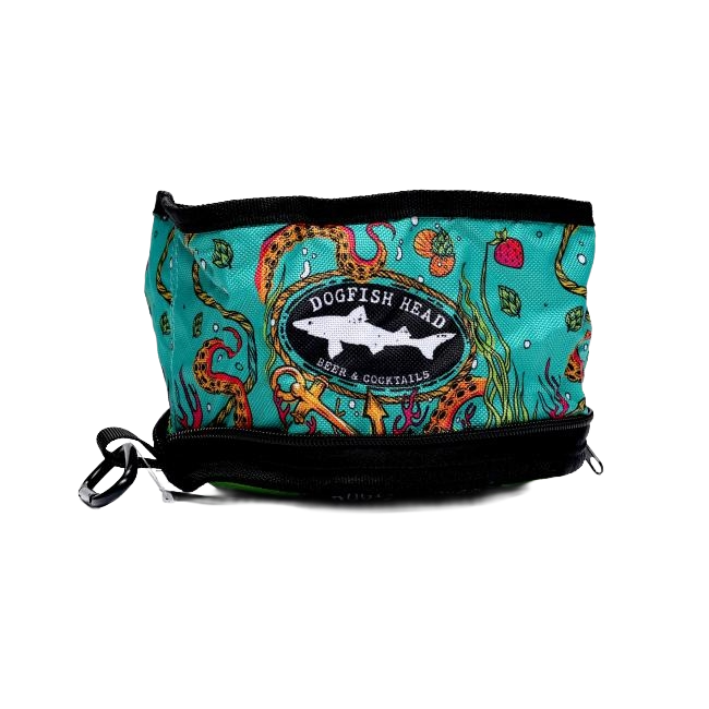 The Collapsible Dog Bowl by PrideBites features a teal zippered pouch with vibrant octopus tentacle designs, black zipper, clip for convenience, and a Dogfish Head Beer & Cocktails logo—great for holding your dog leash or collapsible bowl.