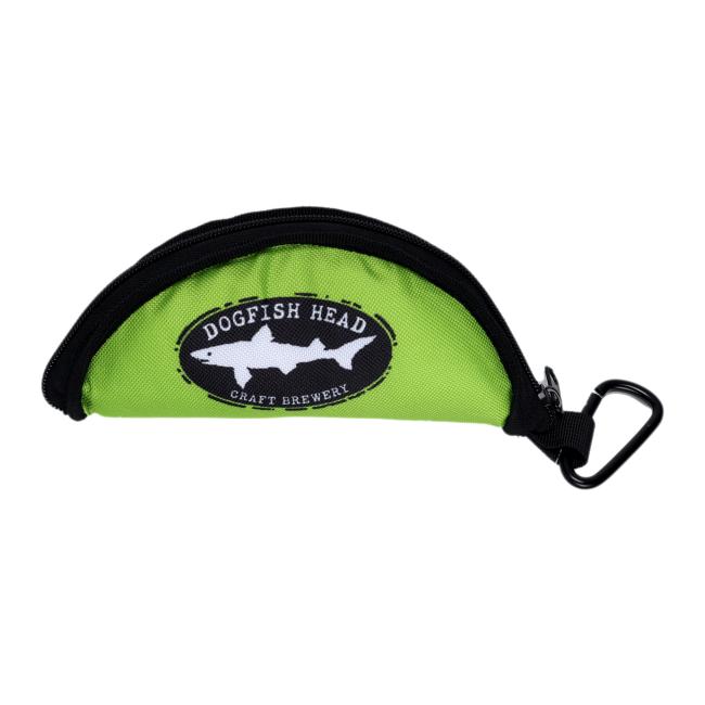 Carry treats or waste bags in this small lime green zippered pouch by PrideBites, featuring a black zipper, clip, and Dogfish Head Craft Brewery logo—perfect for attaching to your dog's leash or holding the Collapsible Dog Bowl on walks.