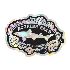 The DFH Logo Suncatcher Sticker by Rainbow Symphony is a 3" x 2.1" holographic sticker with a shark, hops, leaves design and Dogfish Head Craft Brewery text.