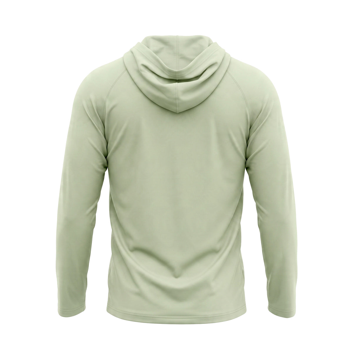 Back of green hoodie with long sleeves on white background