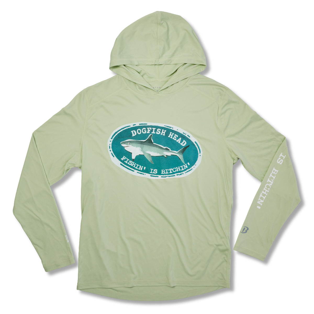 Green Hoodie with long sleeve sitting on white background.  Front logo shows a dogfish that says 'dogfish head fishin' is bitchin'.