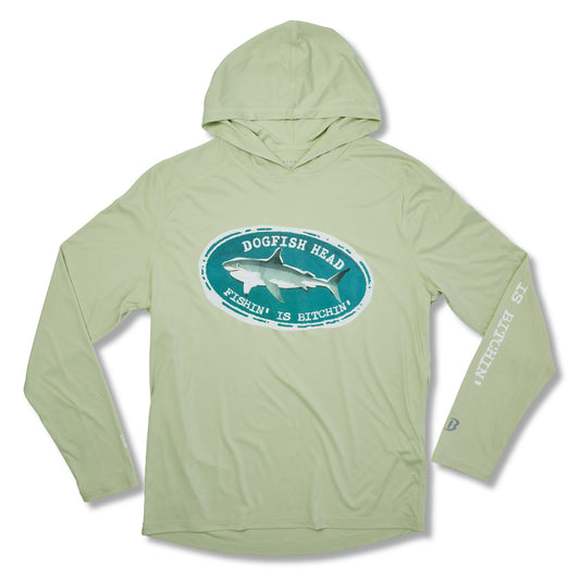 Green Hoodie with long sleeve sitting on white background.  Front logo shows a dogfish that says 'dogfish head fishin' is bitchin'.