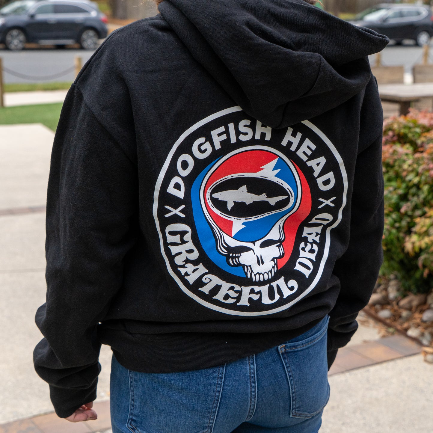 A person stands outdoors in an oversized Dogfish Head x Grateful Dead Black Hoodie by GO WEST T-SHIRT COMPANY, featuring a large circular back logo with a fish, skull, and red and blue lightning bolt.