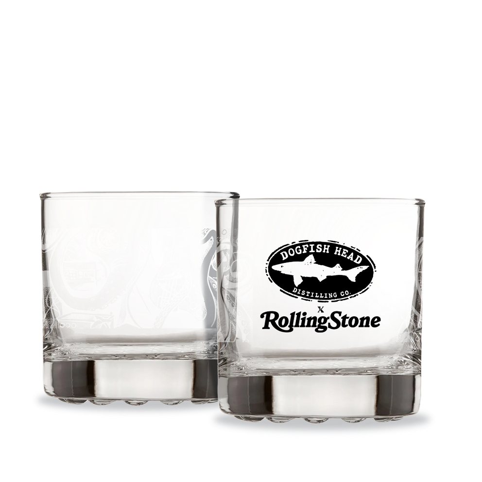 Two clear glasses with Dogfish Head and Rolling Stone logos on a white background
