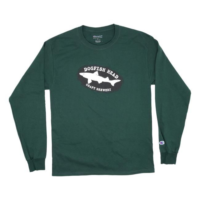 A dark green GO WEST T-SHIRT COMPANY Long Sleeve Tee with a crew neck, ribbed cuffs, and Dogfish Head Craft Brewery’s logo plus a white fish graphic on the chest.