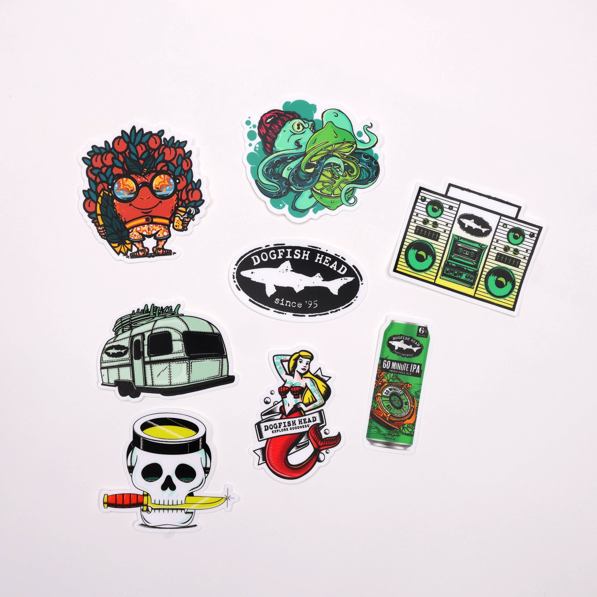 The Dogfish Head 2025 Sticker Pack of 8 by Douglas Earp Print Consultants features unique designs like Dogfish Head logos, a red-sunglasses character, and a green monster—perfect for fans to show off their Dogfish style.
