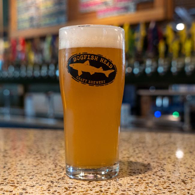 A Sahm Glass Inc Dogfish Head Brewhouse Glass, filled with hazy amber beer and a foamy head, sits on a speckled counter showing Delaware pride. The Dogfish Head logo stands out, while vibrant beer taps blur in the background.