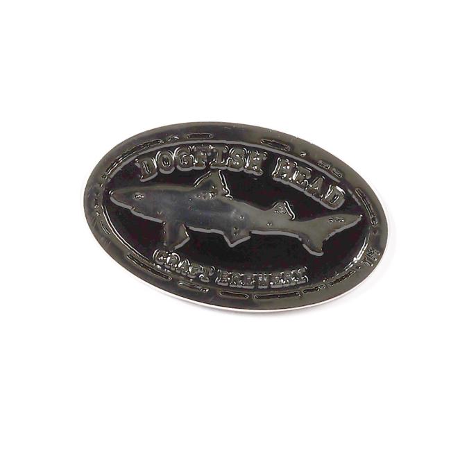 The Dogfish Head Enamel Pin by Arrasmith Promotions LLC is an oval enamel pin featuring the iconic shark logo, with “DOGFISH HEAD CRAFT BREWED ALES” encircling it.