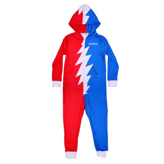 The Dogfish Head x Grateful Dead Adult Onesie by In Your Face Apparel is a hooded suit split red and blue with a white lightning bolt down the center, echoing Grateful Dead style, plus white cuffs at wrists and ankles.