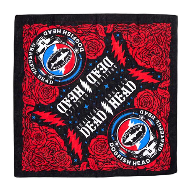 The Merchtank Dogfish Head x Grateful Dead Bandana features red roses and lightning bolts on black, white Dogfish Head text, and circular bear-and-wave logos in each corner—the perfect craft beer accessory for fans.