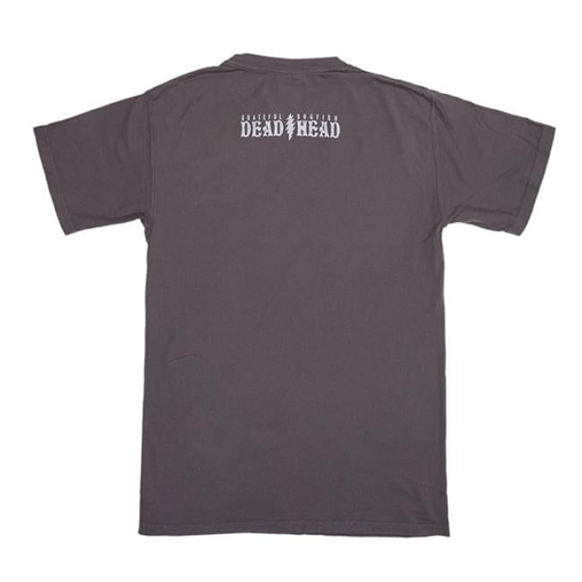 The Dogfish Head x Grateful Dead Dark Grey Short Sleeve Tee by GO WEST T-SHIRT COMPANY features vintage styling with white "GRATEFUL DEAD SOCIETY DEAD HEAD" text and a small lightning bolt printed on the upper back.