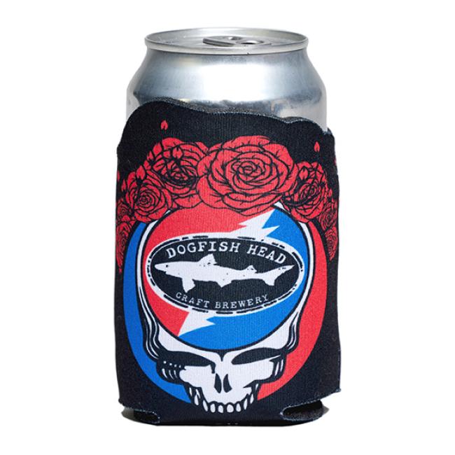 Keep your drink cool with the Dogfish Head x Grateful Dead Skull and Roses Can Cooler by Grandstand Glassware & Apparel—a black koozie featuring a white skull, red and blue lightning bolt, red roses, and brewery logo. Perfect for festivals!.