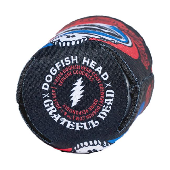 The Dogfish Head x Grateful Dead Skull and Roses Can Cooler by Grandstand Glassware & Apparel features a vibrant red, white, and blue design with a lightning bolt logo on the bottom.