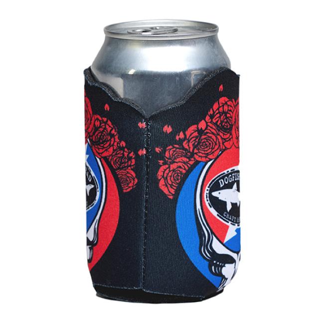 The Dogfish Head x Grateful Dead Skull and Roses Can Cooler by Grandstand Glassware & Apparel features red roses and a skull logo, making it the perfect festival drink accessory or Grateful Dead koozie.