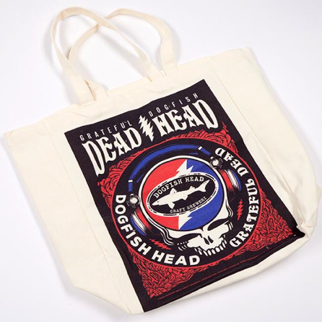 The Dogfish Head x Grateful Dead Tote Bag by Red Promotions features a vibrant skull and lightning bolt design—ideal merch for craft beer and music fans.