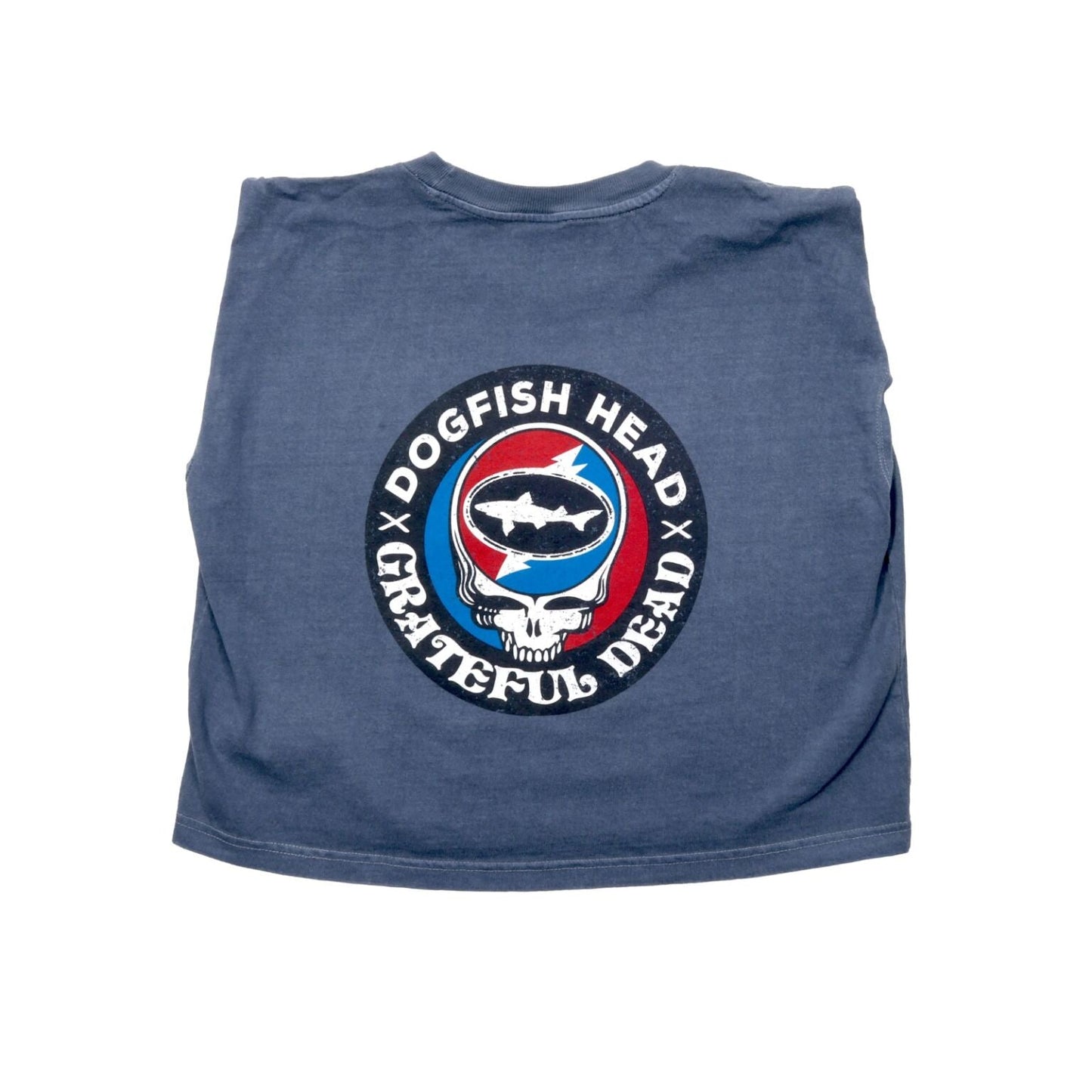 Back view of the Dogfish Head x Grateful Dead muscle tee with collaboration logo featured in large on the back. The collaboration logo is a circle bordered in black with writing "Dogfish Head x Grateful Dead". The inside of the circle is half red and half blue with a white skull in the center. In the skulls head there is a white lightning bolt with the Dogfish Head shark and shield logo on it.