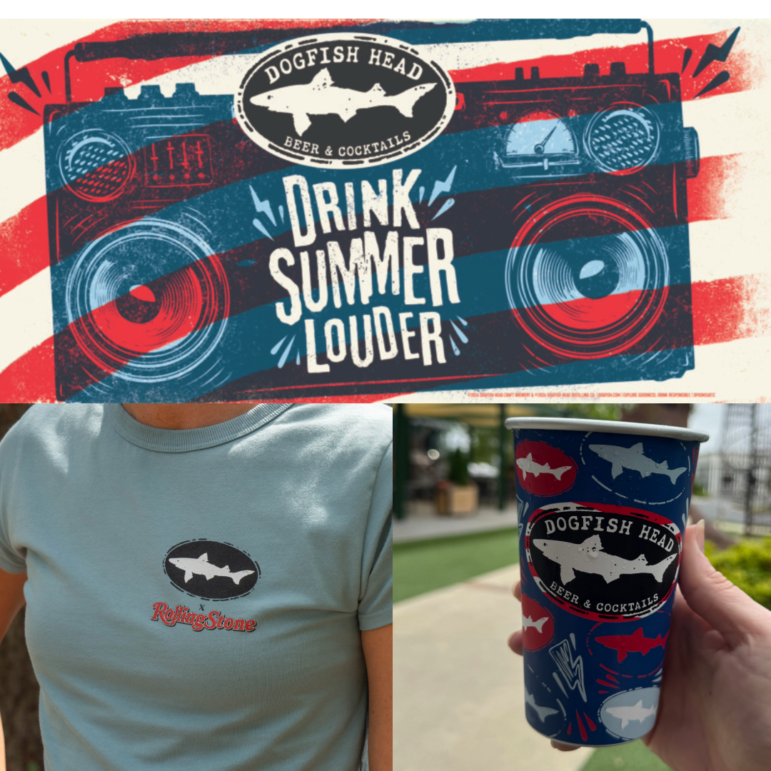 Collage of images including drink summer louder banner with blue tee shirt and red white and blue cup. 
