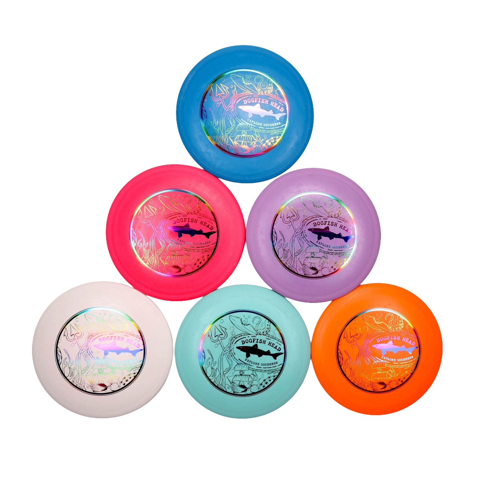 Six Innova Disc Golf Driver Discs in blue, pink, purple, white, mint green, and orange are arranged hexagonally on a white background. Each disc features a shiny patterned label with the Dogfish logo at the center.