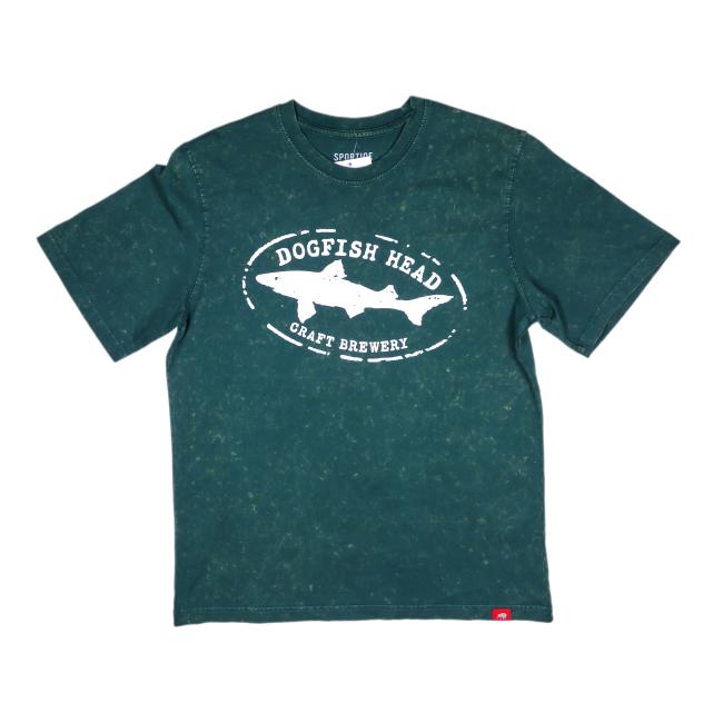 The Emerald Angus Short Sleeve Tee by Sportiqe Apparel Co. features an emerald green vintage wash, a subtle mottled pattern, white Dogfish Head Craft Brewery logo with shark graphic on the front, short sleeves, and a red bottom hem tag.