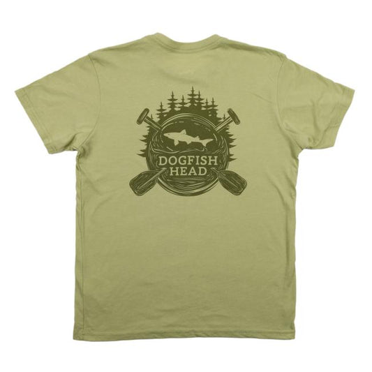 The Fern Camp Short Sleeve Tee by GO WEST T-SHIRT COMPANY features a light green color with a dark green graphic of trees, fish silhouette, crossed oars, and “Dogfish Head” on the back—ideal for your next outdoor adventure.
