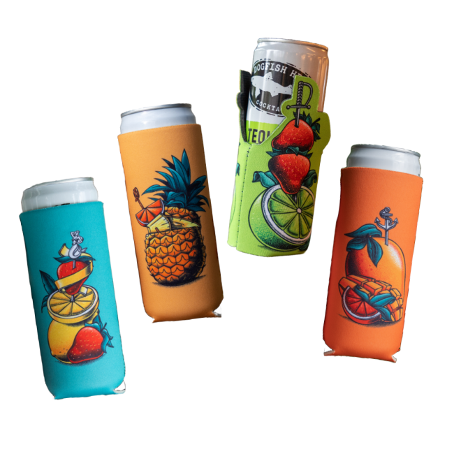 The Merchtank Four Slim Can Cooler Bundle includes four 12oz can coolers, each with vibrant lemon, pineapple, lime, and orange fruit designs plus playful straws and garnishes on a white background.