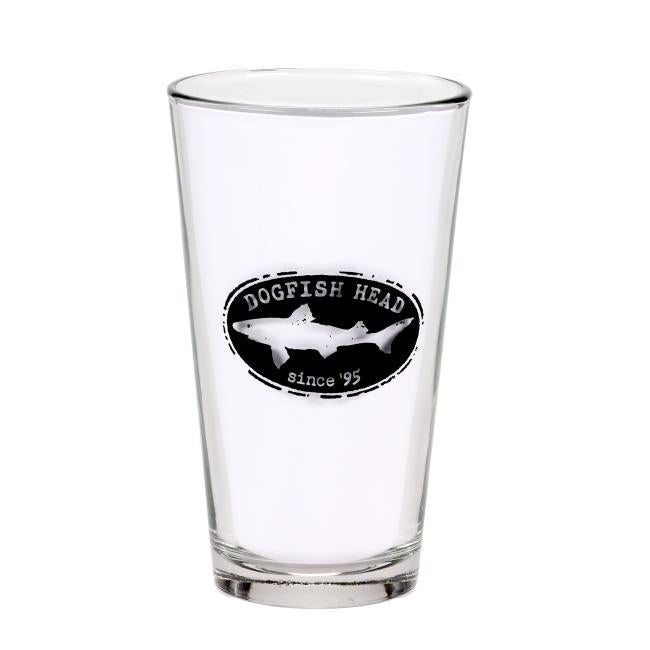 The Got A Minute? Pint Glass by Grandstand Glassware & Apparel features a black and white Dogfish Head logo, a shark graphic, and “DOGFISH HEAD since 95” printed on the front.