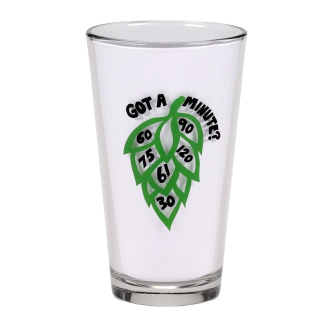The Got A Minute? Pint Glass by Grandstand Glassware & Apparel features green hop art with numbers 60, 90, 120, 6, 75, and 30 on the leaves and "Got a minute?" in black lettering—a unique Minute Series design.