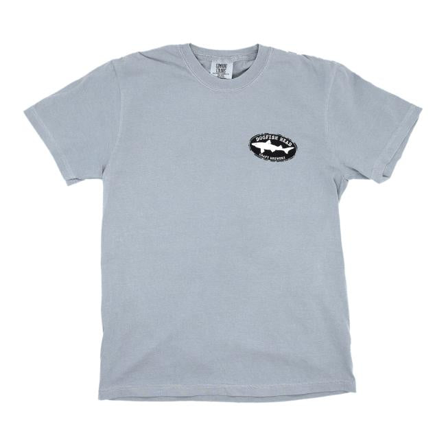 A granite gray, ring spun cotton Granite Treehouse Short Sleeve Tee by GO WEST T-SHIRT COMPANY featuring a small black and white oval logo with a fish above the left chest. The shirt is displayed flat on a white background, inspired by the Milton location.