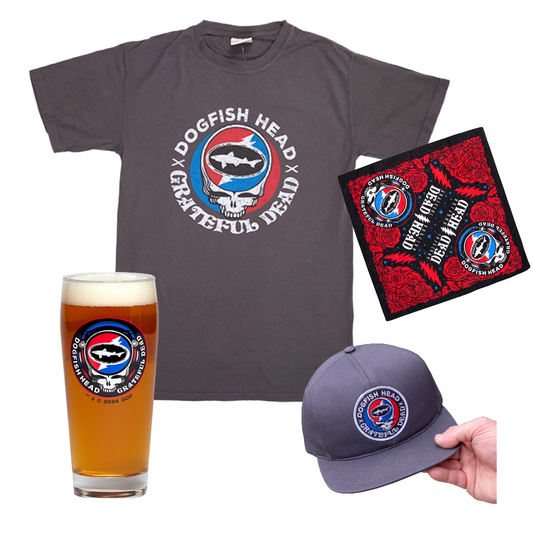 Collage of merchandise including a grey tee shirt, pint glass, grey hat and red and black bandana. All featuring the Dogfish Head Grateful Dead skull artwork. 