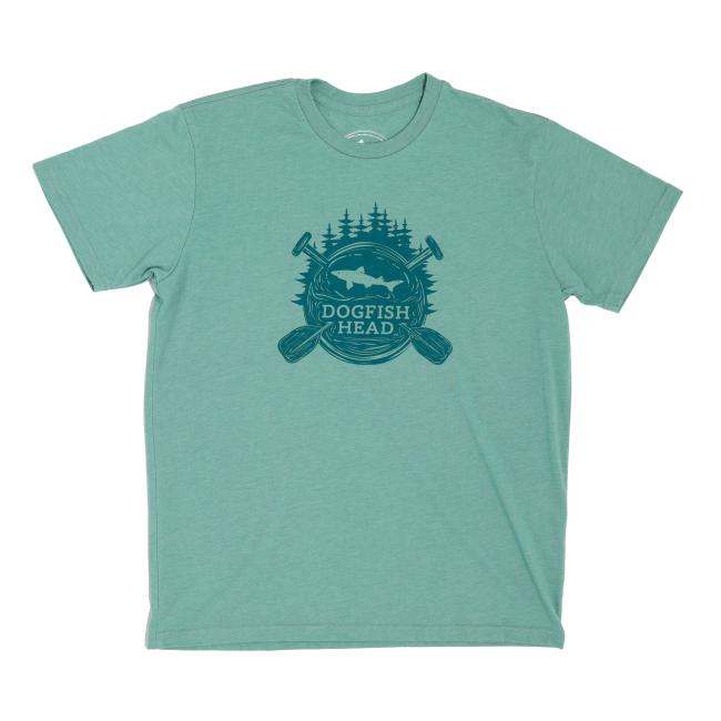 The Green Camp Tee by GO WEST T-SHIRT COMPANY features a dark blue graphic with a fish, crossed paddles, pine trees, and “DOGFISH HEAD” in the center—an ideal outdoor shirt for nature lovers.