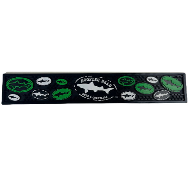 A Green Logo Rail Bar Mat by Poly Enterprises featuring a Dogfish Head Beer & Cocktails logo in the center, surrounded by green and white ovals with dogfish shark silhouettes—ideal for any Dogfish Head taproom.