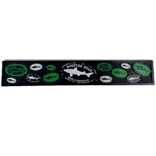 A Green Logo Rail Bar Mat by Poly Enterprises featuring a Dogfish Head Beer & Cocktails logo in the center, surrounded by green and white ovals with dogfish shark silhouettes—ideal for any Dogfish Head taproom.