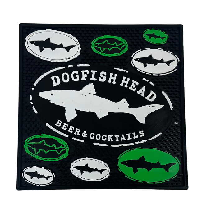 Black bar mat with green and white Dogfish Head shark and shield logos surrounding one big white Dogfish Head logo.