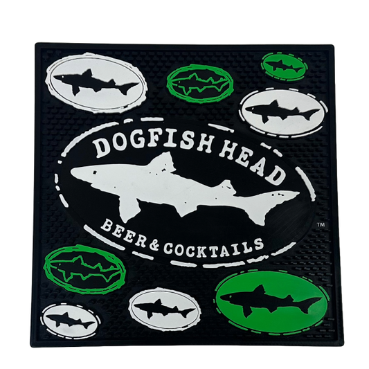 Black bar mat with green and white Dogfish Head shark and shield logos surrounding one big white Dogfish Head logo.