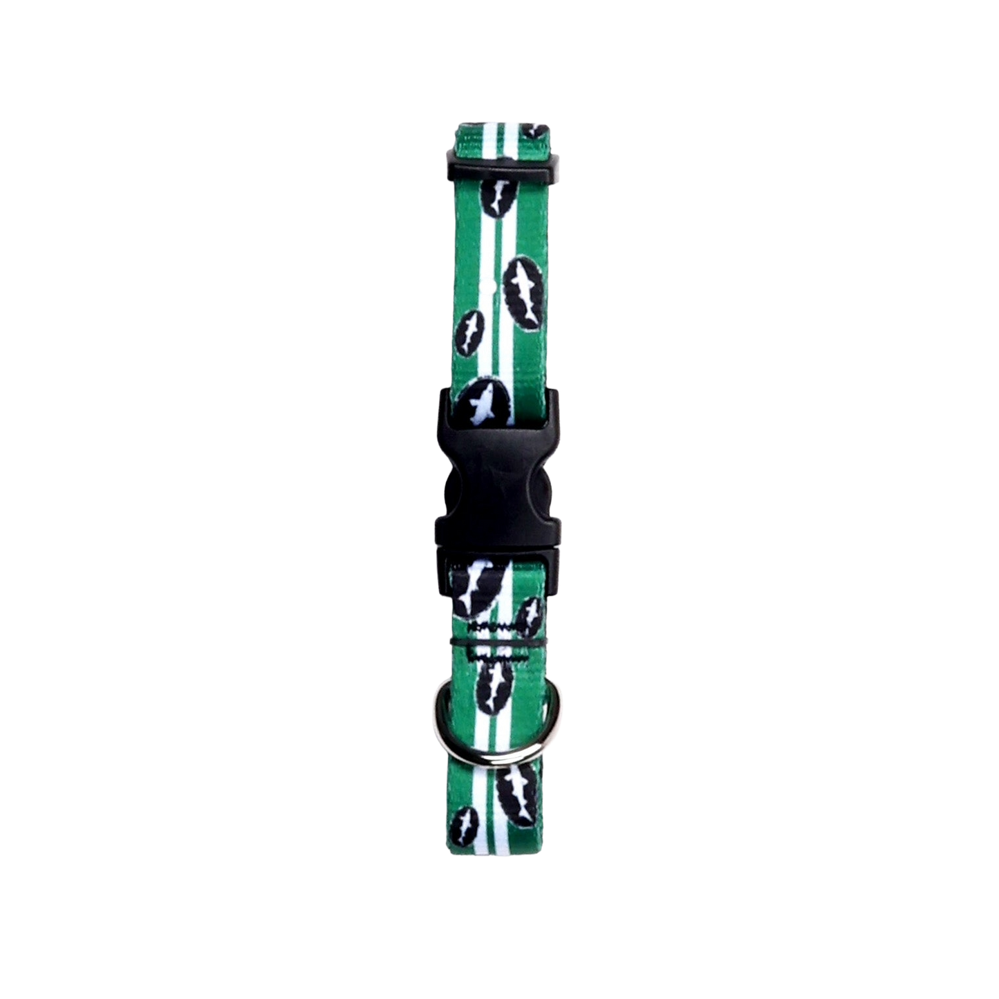 The Green Retro Pet Collar by Lupine, Inc. features durable green material with black and white football designs, a sturdy black plastic buckle, and a metal D-ring, shown on a plain white background.