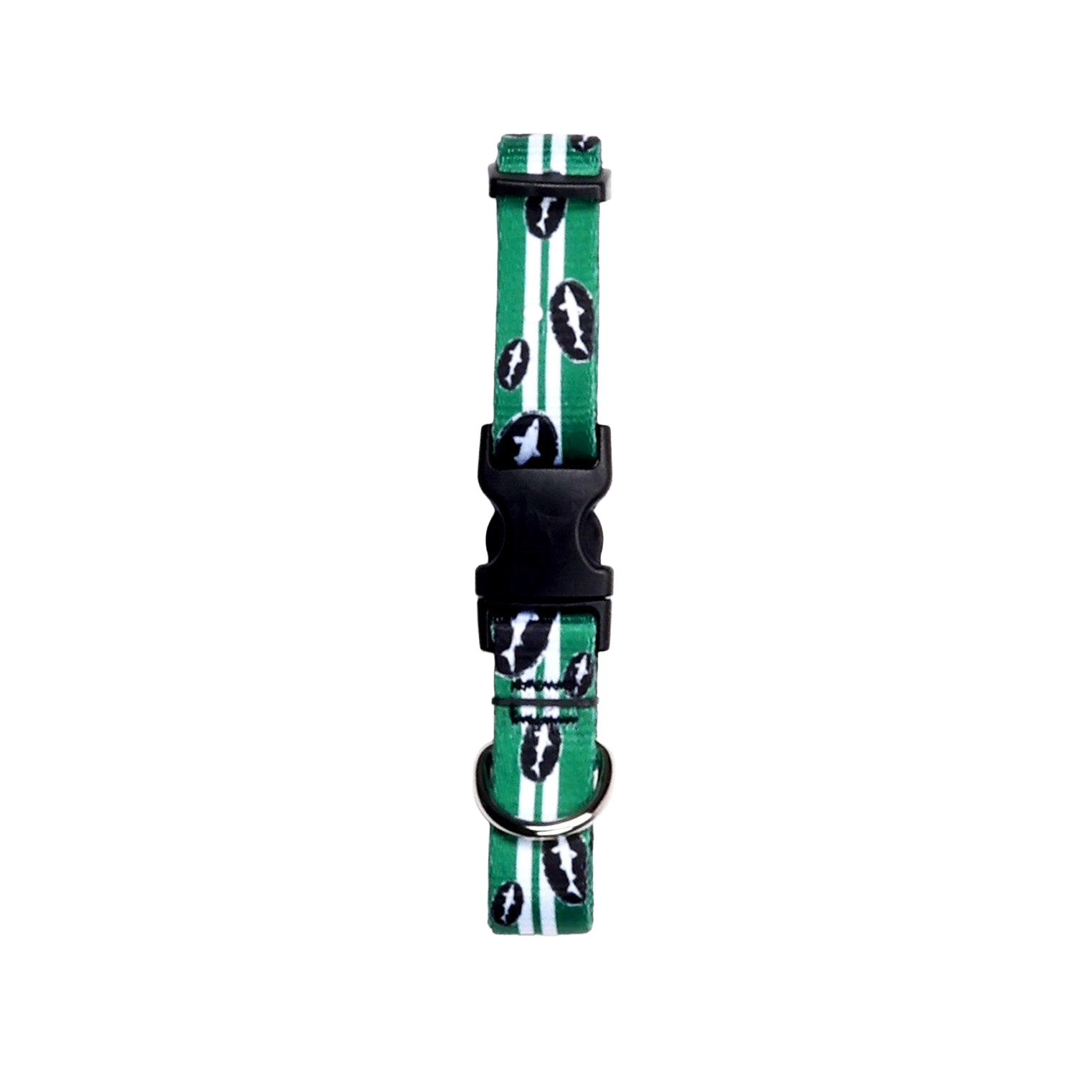 The Green Retro Pet Collar by Lupine, Inc. features durable green material with black and white football designs, a sturdy black plastic buckle, and a metal D-ring, shown on a plain white background.