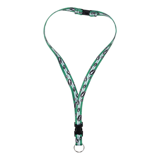 The Green Retro Lanyard by Lupine, Inc. features a black and white chain pattern, a quick-release black clasp, and a silver key ring—shown here on a white background.