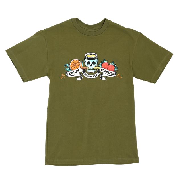 The Green Skull Explore Goodness Tee by GO WEST T-SHIRT COMPANY is a dark green unisex cotton shirt with a haloed skull, orange slice, two strawberries, and banners reading Explore, Goodness, and Support Local.