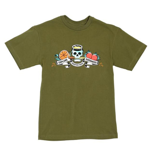 The Green Skull Explore Goodness Tee by GO WEST T-SHIRT COMPANY is a dark green unisex cotton shirt with a haloed skull, orange slice, two strawberries, and banners reading Explore, Goodness, and Support Local.